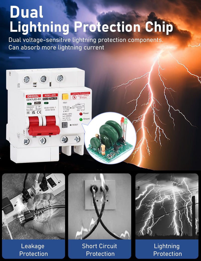 DIHOOL قاطع دائرة عطل أرضي مع حماية من زيادة الجهد، 25 أمبير AC 120V-240V، قاطع تيار متبقي مثبت على سكة DIN 25A - Image 3